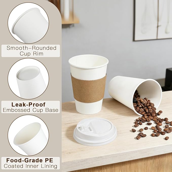 120 Pack 12 oz Paper Coffee Cups Set, Disposable White Coffee Cups with Lids, Sleeves and Stirring Sticks, Fit For Cold and Hot Drinks