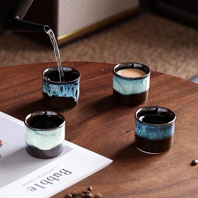 Espresso Cups Set of 6, Demitasse Cups 2.5 Ounces Coffee Mugs, Ceramic Teacups Japanese Tea Cups, Chinese Tea Cups (magic blue exterior)