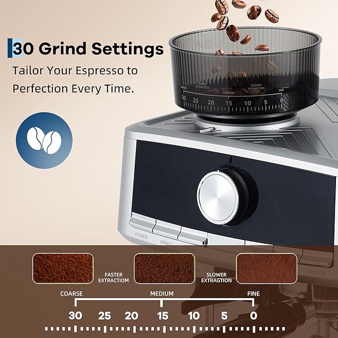 Espresso Machine with Grinder & Milk Frother,20 Bar Professional Espresso Coffee Maker with Removable Water Tank,Steam Wand,for Home Use,Latte,Espresso,Cappuccino,Silver