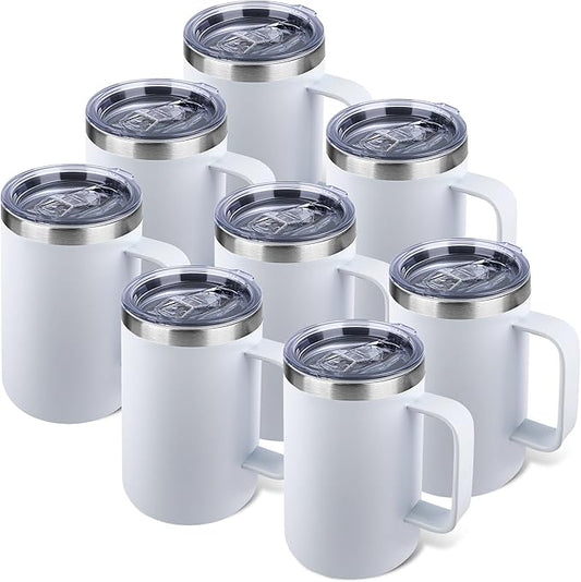 Zynkify 22oz Insulated Coffee Mug with Handle & Leak-Proof Lid - Double Wall Stainless Steel Travel Tumbler Bulk for Commute/Office/Home, White, 8 Pack