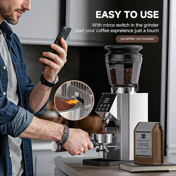 Burr Coffee Bean Grinder for Home Use with 45 Precise Grinding Settings, Espresso Grinder with Height Adjustable Funnel Stand, LED Touch Panel, Anti-static Design, Micro Switch User Friendly