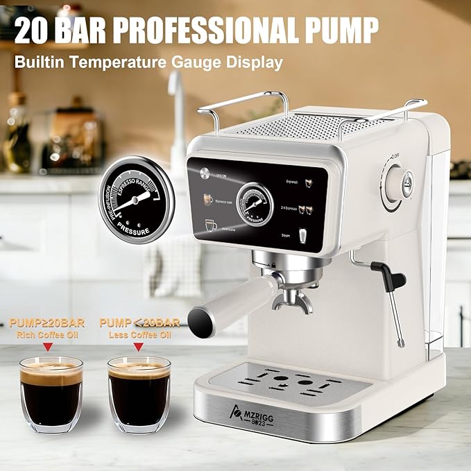 Espresso Machine – 20 Bar Pressure, Also Supports Americano, Latte, Cappuccino & Iced Coffee, 1.5L Water Tank, Milk Frothing & Hot Water, White Retro Design for Home & Office