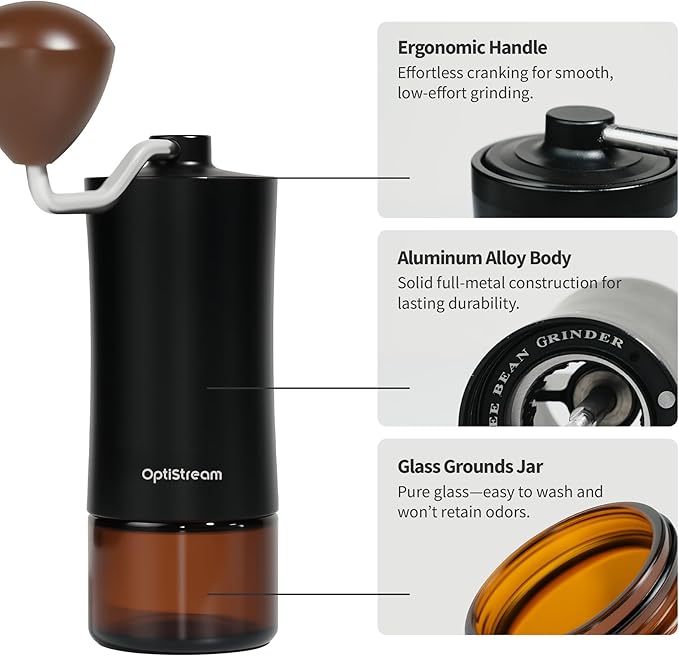Portable Manual Coffee Grinder – Effortless 7 CNC420 High-Carbon Steel Burrs, Uniform 20 μm Grind, Full Aluminum Body & Tinted Glass Jar, 25 g capacity for travel (Black)