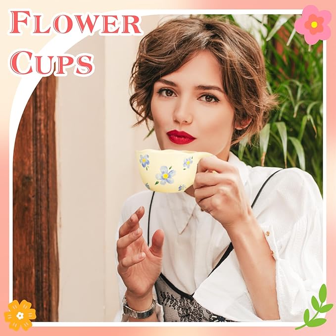 MAKCNMYM Ceramic Coffee Mug Vintage Flower Mugs 8 oz Cute Floral Coffee Mugs Irregular Latte Art Cup Lead-free Porcelain Cups for Cappuccino, Cocoa (Blue Flowers)