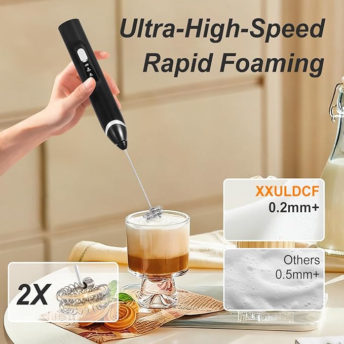 Handheld Milk Frother Wand for Coffee，Rechargeable Drink Mixer, 30dB Ultra Quiet with 3 Adjustable Speeds & 3 Whisks For Cappuccino, Hot Chocolate, Egg，Protein powder