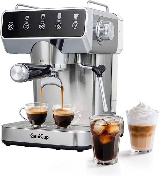 GeniCup Expresso Coffee Machines with Touchscreen 20 Bar Professional Espresso Maker with Milk Frother & Hot Water, Stainless Steel Coffee Maker for Latte Americano, Cappuccino Machine for Home Office