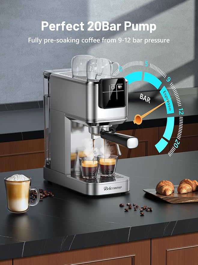 Espresso Machine, 20 Bar Espresso Maker Milk Frother & LCD Panel, Hot & Iced with Rapid Cold Brew, Stainless Steel Espresso Coffee Machine with 41oz Water Tank for Cappuccino, Latte