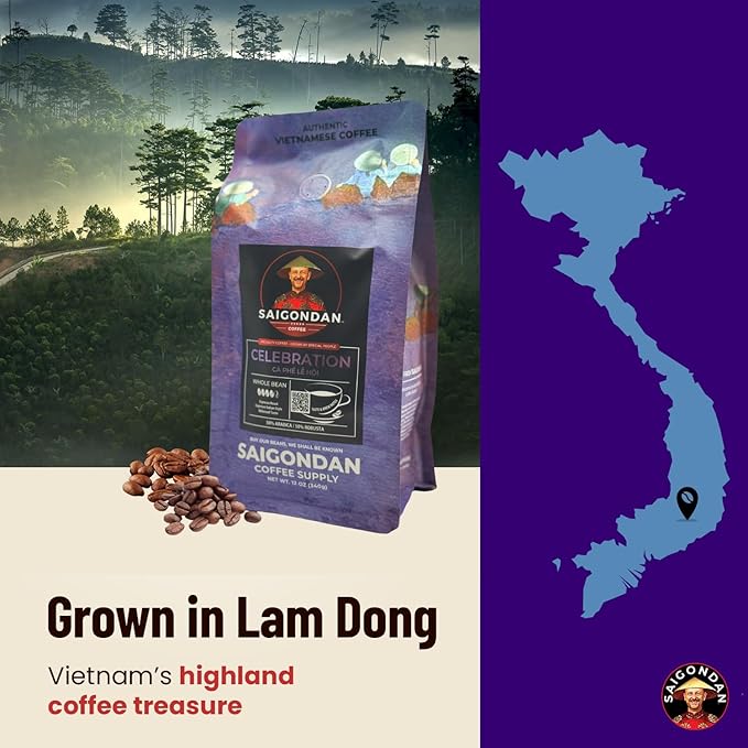 Vietnamese Coffee Beans – Saigondan Celebration Italian Style Espresso Roast Whole Bean – 50% Arabica 50% Robusta – Premium Single Origin, Direct Trade Vietnamese Coffee – 12 oz