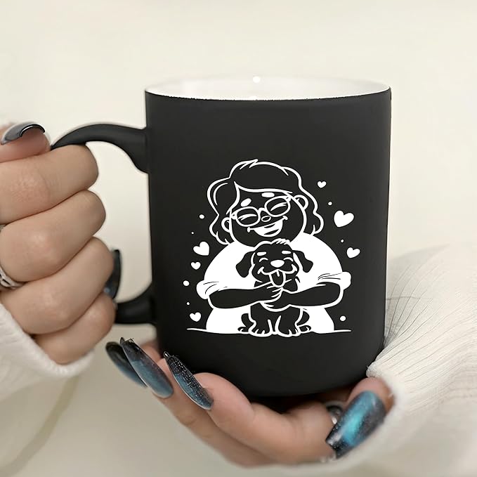 G MUGS Dog Lover Ceramic Coffee Mug, Cute Glasses Girl & Dog Hug Design Mug, Tea Mug, Adorable Pet Lover Gift for Women Teens,13oz Black Mug