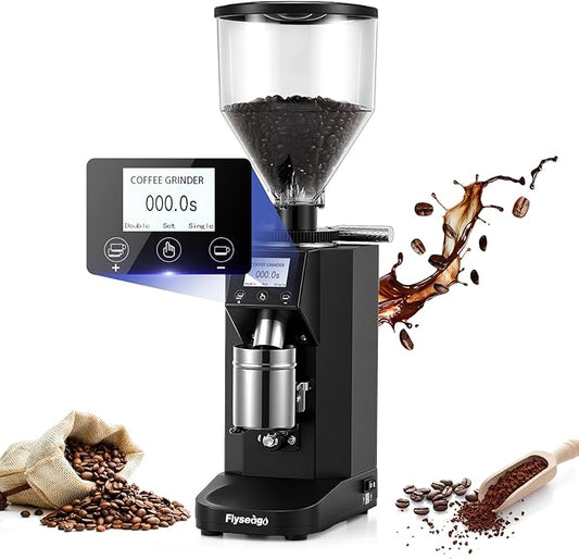 Flyseago Electric Coffee Grinder Commercial, Stainless Steel Flat Burr, Touch Screen with 19 Adjustable Settings, 28oz Large Hopper for Espresso, Black