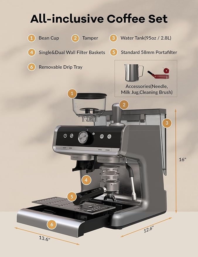 Espresso Machine with Grinder, 20 Bar Semi-Automatic Coffee Maker with Milk Frother Steam Wand, PID Temperature Control, 95 OZ Water Tank, for Cappuccino, Latte, Macchiato, Home Barista, Light Gray
