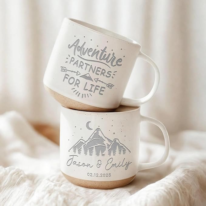 Personalized Adventure Couple Pottery Mug 12oz, Custom Mountain Design Coffee Mug with Names & Date, Engagement, Wedding & Anniversary for Couples