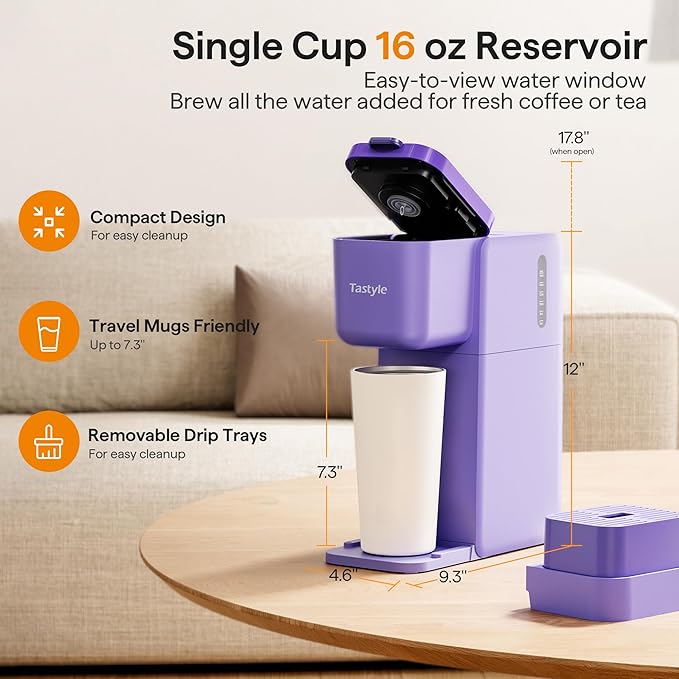 Tastyle Single Serve Coffee Maker for K Cup, Ground and Tea, Hot and Iced Coffee Machines with Bold Setting, 6 to 16 Oz Brew Sizes, Compact for Small Spaces, Purple (2.0 Version)
