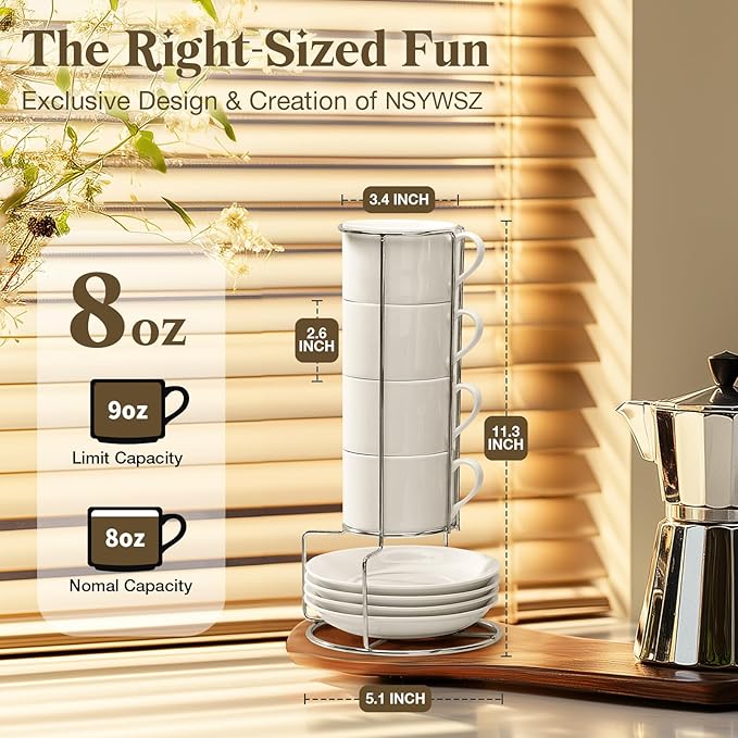NWYSZ 5 Ounce White Porcelain Stackable Espresso Cups with Stainless Steel Holder, Set of 4, Durable Ceramic, Perfect for Home, Office or Gift