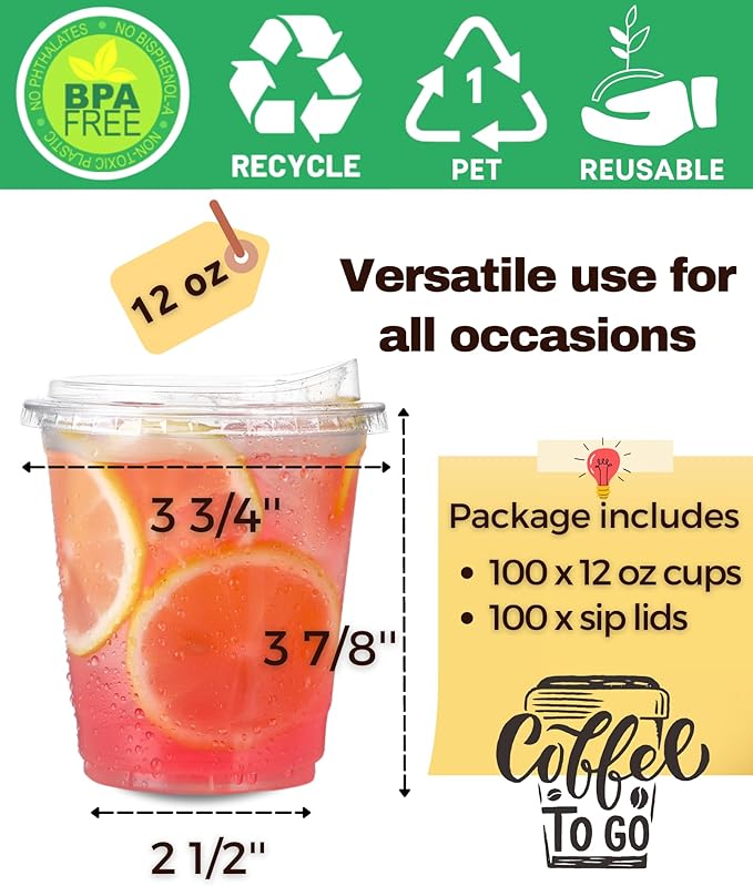 100 Pack 12 oz Clear Plastic Cups with Strawless-Sip-Lids, Disposable Cups Plastic Iced Coffee Cups, To Go Cups with Sip Through Lids for Smoothie, Milkshake, Cold Drinks for Party, Wedding, Event