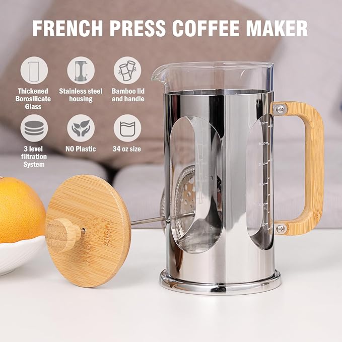Sivaphe 8 cup French Press Coffee Maker No-Plastic, Borosilicate Glass Bamboo Lid and Handle Coffee Tea Press 34 oz