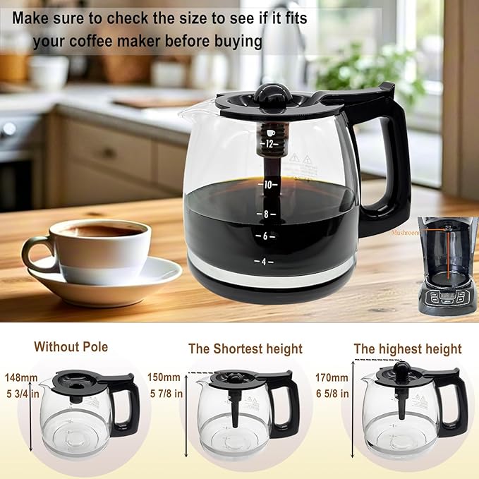12-Cup Glass Coffee Pot Replacement, Universal and Adjustable, Compatible with Mr Coffee, B&D, Hamilton Beach and Cuisinart Coffee Makers, Black Lid and Handle