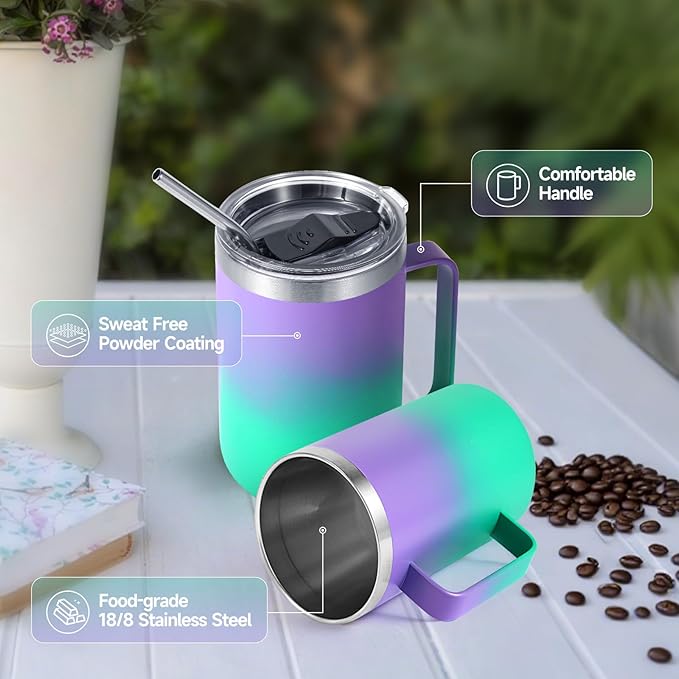 Volhoply 16oz Insulated Coffee Mug with Lid and Straw, Stainless Steel Travel Mugs with Handle, Double Wall Vacuum Leak Proof Coffee Tumbler Cup (Purple Green,1)