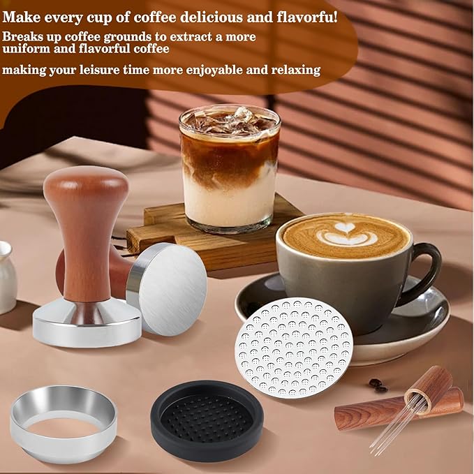 51mm Espresso Accessories Kit, Wooden Handle Espresso Tamper, WDT Tool, Puck Screen and Dosing Funnel Set Fits Delonghi 51 mm Espresso Coffee Machines and Portafilter, Barista Tools