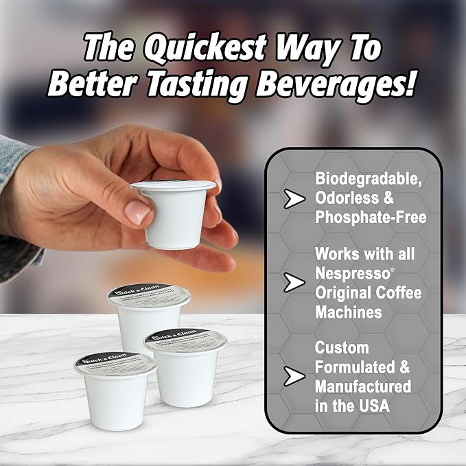 Quick & Clean 16-Pack Cleaning Pods Compatible with Nespresso Original Single Serve Espresso Machines - Removes Stains, Non-Toxic and Eco-Friendly