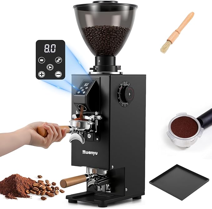 Huanyu Commercial Coffee Grinder, Built-In 58mm Auto Tamper, 64mm Flat Burr, Anti-Flying Grounds Outlet, 35OZ Hopper, 14 Grinding Settings, Smart Buttons for Cafés