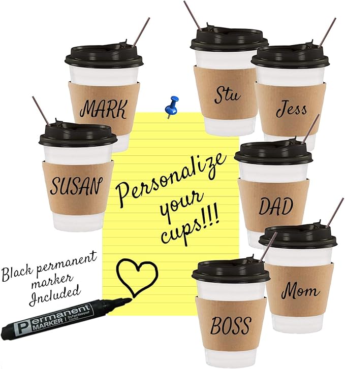 130 Disposable Paper Coffee Cups with Lids - 12 oz To Go Coffee Cups for Home, Office, Parties, Travel, Premium Paper Cups, includes Lids, Sleeves, Stirrers and Permanent Marker!