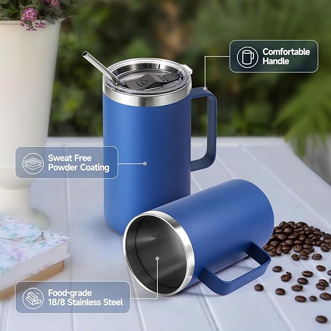Volhoply 24oz Insulated Coffee Mug with Lid and Straw, Stainless Steel Travel Mugs with Handle, Double Wall Vacuum Leak Proof Coffee Tumbler Cup (Blue,1)