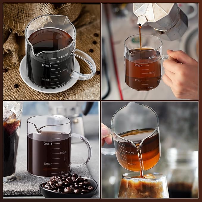 Patelai 2 Pcs 8oz Espresso Cups, Glass Measuring Cups with Double Spouts & Handle, Milk Frothed Cup Coffee Bars Accessories for Machine, Scale Glass Jars for Coffee, Water, Yogurt, Juice, Oil, 250ml