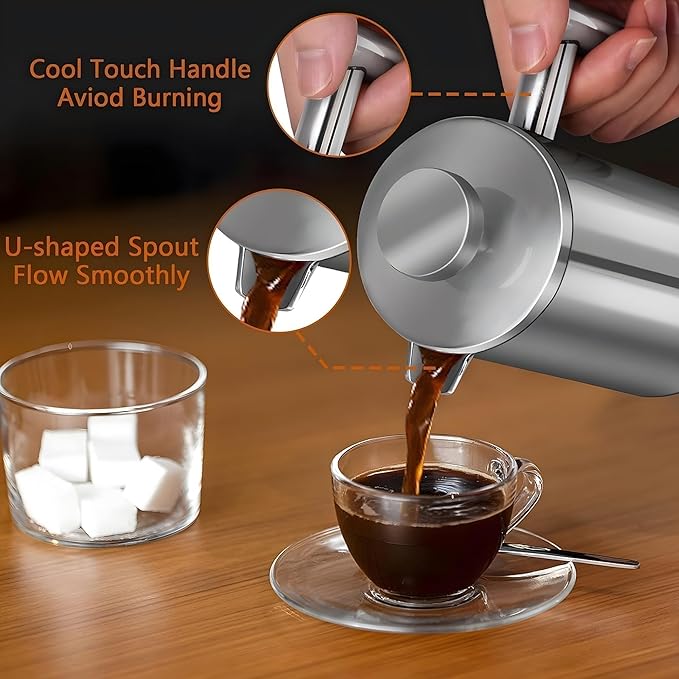 Small Stainless Steel French Press Coffee Maker 21oz(3 Cups), Double Wall Insulated for Hot& Cold Brew, Compact Coffee& Tea Press for Camping, Office, Travel with 3 Ultra-Fine Filters & Spoon- Silver