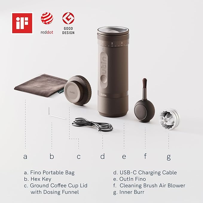 OutIn Nano Portable Electric Espresso Machine with Fino Portable Electric Coffee Grinder, Brown & White