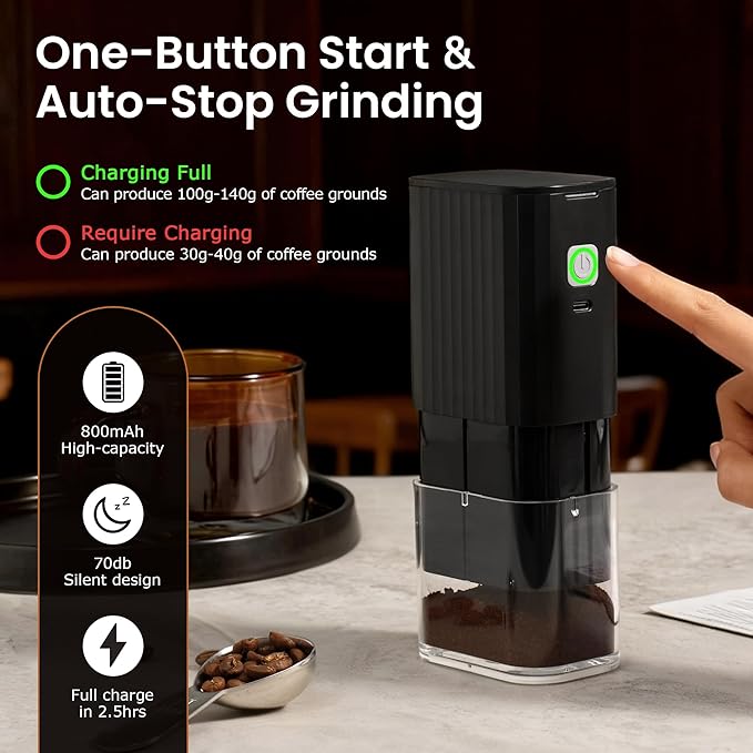 VEVOK CHEF Portable Mini Electric Coffee Grinder,Adjustable Stainless Steel Burr Coffee Bean Mill,One-Button Grinder with USB Rechargeable,Auto‑Stop for Espresso to French Press,for Outdoor Use(Black)