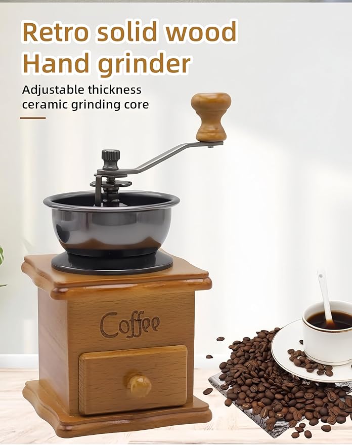 Vintage Hand-Cranked Coffee Bean Grinder with Ceramic Burr Drawer-Style Powder Tray Ergonomic Long Handle Non-Slip Wooden Base for Home Use Small Batch Brewing and Coffee Enthusiasts (Classic version)