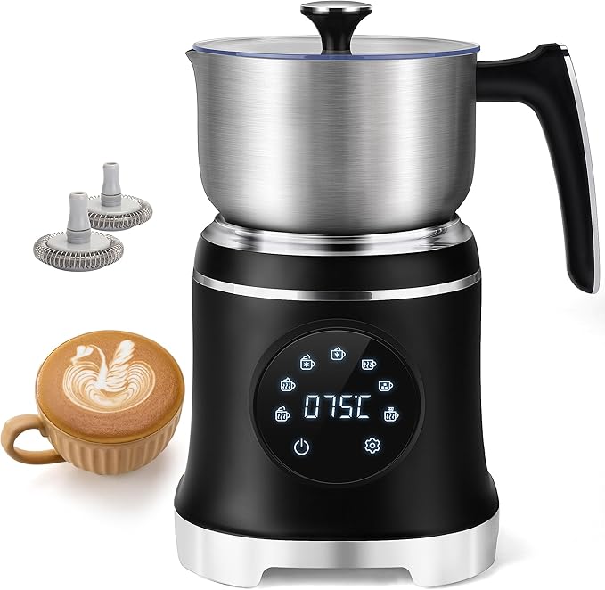 VIPDIGI 7-IN-1 Milk Frother, 20.3 OZ Milk Frother and Steamer with Temperature Control Stainless Steel Electric Milk Frother Dishwasher Safe Hot and Cold Foam for Latte Hot Chocolate Cocoa (Black)