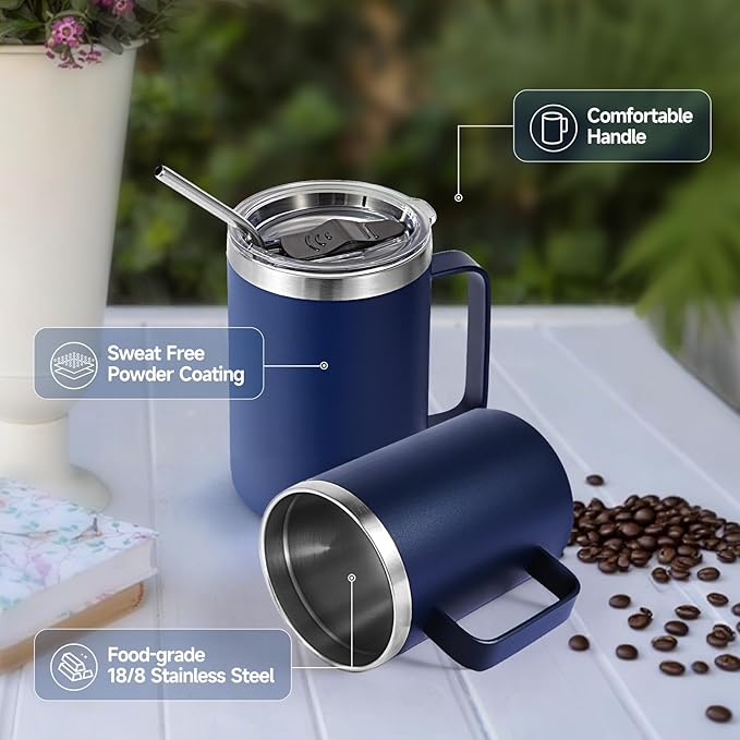 Volhoply 16oz Insulated Coffee Mug with Lid and Straw, Stainless Steel Travel Mugs with Handle, Double Wall Vacuum Leak Proof Coffee Tumbler Cup (Navy,1)