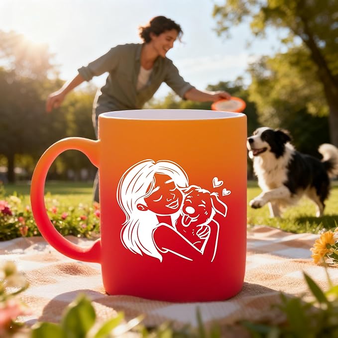 G MUGS Dog Lover Hug Ceramic Coffee Mug - 13oz Tea Mug with Girl & Dog Hug Design, Gift for Dog Owners Women Red And Yellow Mug