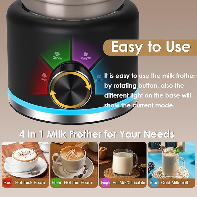 ByNaRIX Milk Frother, 16.9 OZ Milk Frother and Steamer, 4 in 1 Electric Milk Frother Dishwasher Safe, Durable Silent Working Frother for Coffee, Hot and Cold Foam Maker, Black