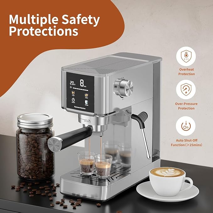 Kismile Espresso Machine 20Bar with Milk Frother, Professional Coffee Maker with Capsule Funnel|LED Display|48oz Removable Water Tank, Pre-Infusion for Espresso, Cappuccino at Home or Office
