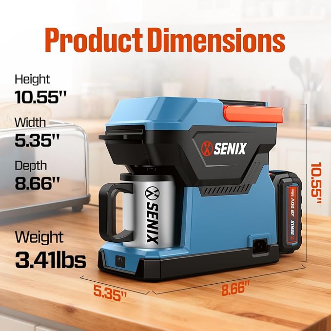 SENIX Portable Coffee Maker with 5000mAh Battery, Self Heating Coffee Machine for Car/RV/Camping, Dual AC/DC Power, Compatible with Ground & ESE Pods, Travel Drip Brewer with Stainless Steel Cup