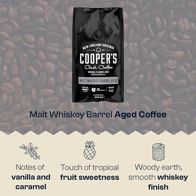 Whiskey Barrel Aged Coffee, Single-Origin Sumatra Beans Aged in American Malt Whiskey Barrels, Medium Dark Roast Whole Bean, 5 lb
