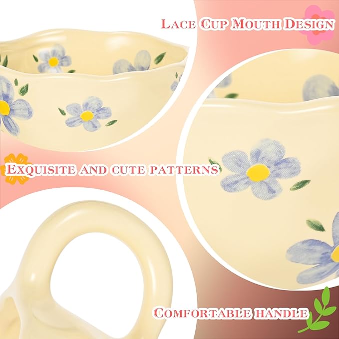 MAKCNMYM Ceramic Coffee Mug Vintage Flower Mugs 8 oz Cute Floral Coffee Mugs Irregular Latte Art Cup Lead-free Porcelain Cups for Cappuccino, Cocoa (Blue Flowers)