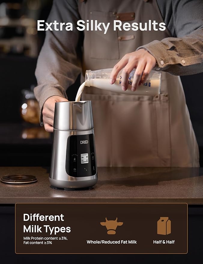 DREO Milk Frother [Upgraded], All-in-1 Electric Foam Maker for Coffee, 15oz/450ml Automatic Foam Frother for Latte Art-level Microfoam, 30+ Drinks, Easy to Clean, Dishwasher Safe, LED display