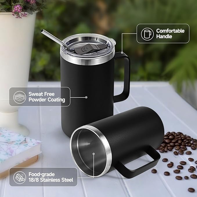 Volhoply 24oz Insulated Coffee Mug with Lid and Straw, Stainless Steel Travel Mugs with Handle, Double Wall Vacuum Leak Proof Coffee Tumbler Cup (Black,1)