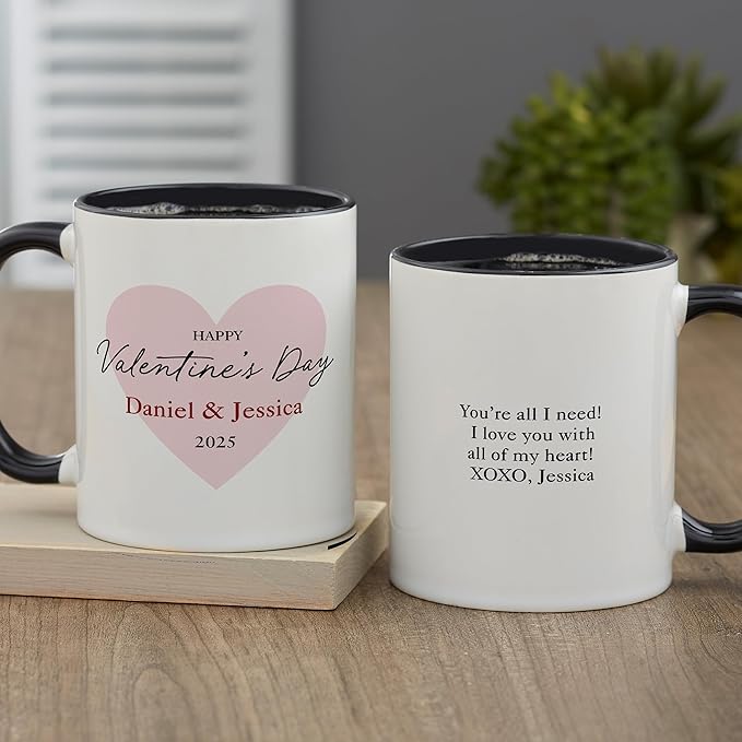 Personalization Universe Our First Valentine's Day Personalized Coffee Mug - 11 oz Ceramic - Customizable Text & Names - Ideal Valentines Day Gifts for Him - Microwave/dishwasher Safe - Black