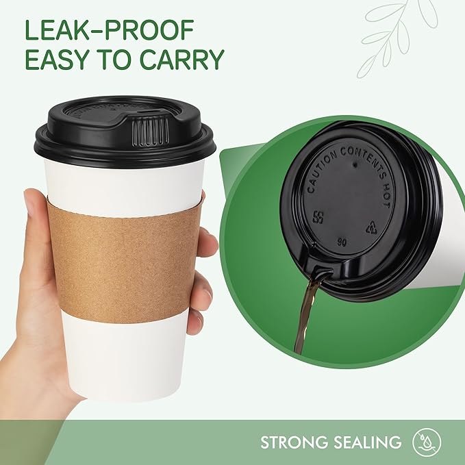 12 oz Coffee Cups with Lids and Sleeves 100 Pack, White Leak-Proof Disposable Coffee Cups for Hot/Cold Beverages, Party Supplies, To-Go Paper Cups for Coffee, Tea, Office, Picnic