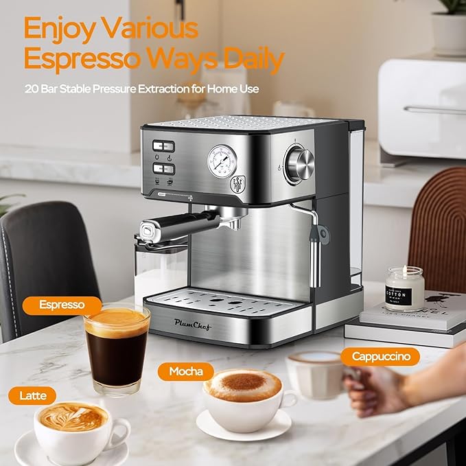 20 Bar Espresso Machine with Milk Frother, Dual Shot Coffee Maker, ESE Pod, Pressure Display, 54 OZ Removable Water Tank for Home Barista (Stainless Steel)