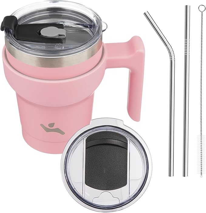 10 oz Tumbler with Handle and 2 Straw 2 Lid, Insulated Water Bottle Stainless Steel Vacuum Cup Reusable Travel Mug, Light Pink