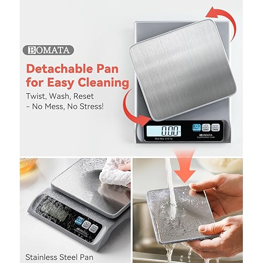 BOMATA 0.1g/ 13lb Food Scale, USB Rechargeable, Digital Kitchen Scale with Removable Stainless Steel Pan, Backlit LCD Display, for Cooking, Baking B621 Grey