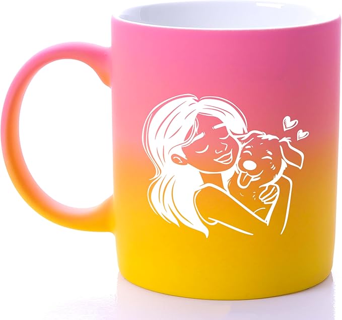 G MUGS Dog Lover Hug Ceramic Coffee Mug - 13oz Tea Mug with Girl & Dog Hug Design, Gift for Dog Owners Women Yellow And Pink Mug