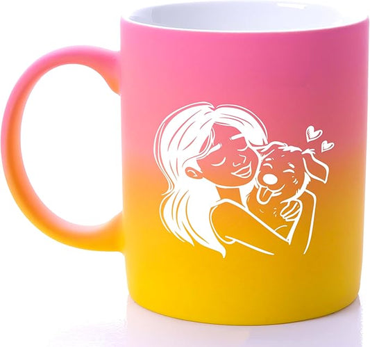 G MUGS Dog Lover Hug Ceramic Coffee Mug - 13oz Tea Mug with Girl & Dog Hug Design, Gift for Dog Owners Women Yellow And Pink Mug