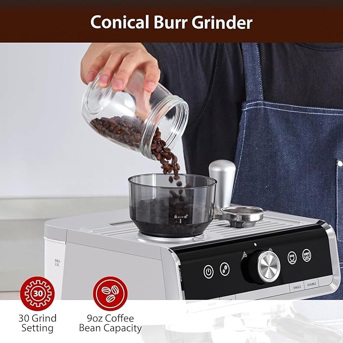 Semi-Automatic Espresso Machine, 20 Bar Professional Coffee Maker with Grinder, 1450W Fast Heating, 30 Grind Settings, Milk Frother Steam Wand, 2.8L Water Tank, Home & Kitchen Espresso Machines, Gray